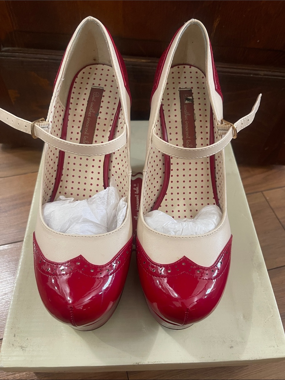 Two-Tone Red and Cream Mary Jane Platform Heels - Picture 5 of 6